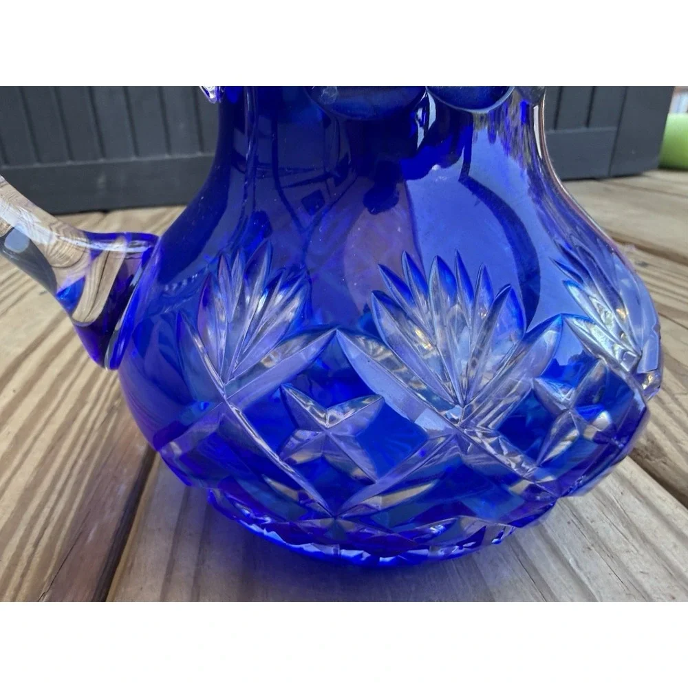 Vintage Bohemian Cobalt Blue Cut To Clear MCM Atomic Starburst Vase Pitcher 5